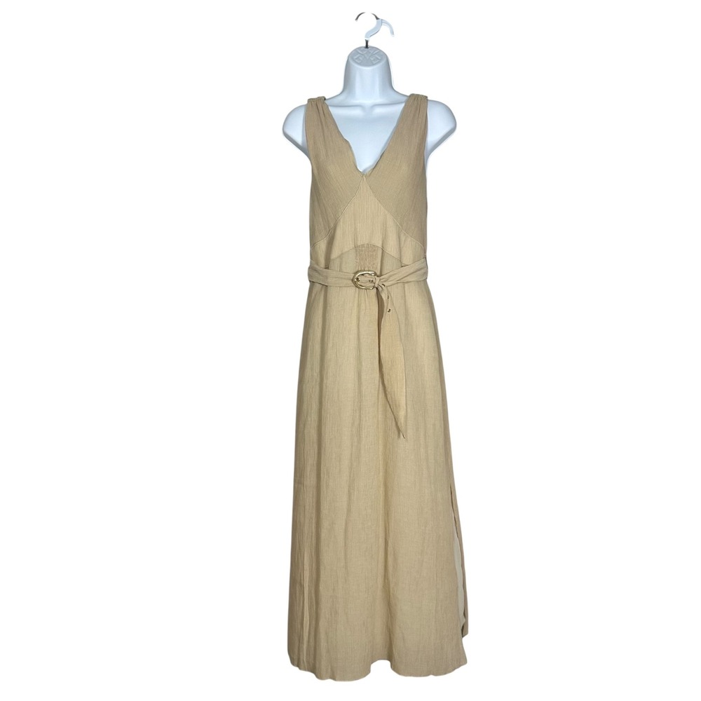 Nanushka Lily Sand Pleat Voile Belted Sleeveless Maxi Dress Beige Medium NWT - Picture 15 of 15